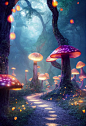 Fantasy deep forest, Luminous huge mushrooms, twisted geometry, alice in wonderland feeling, luminous fireflies, luminous path made out of shimmering stoneblocks, very detailed, intricate details, volumetric lights, cinematic lights, hdr, unreal engine, o