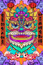 国潮风狮子过年主题插画