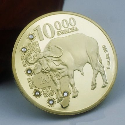 赞比亚纪念币镶钻水牛金币 野生动物非洲水...