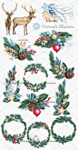 冬季圣诞节麋鹿猫头鹰松树花环贺卡装饰边框PNG设计素材png369-淘宝网