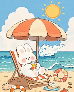 手绘插画可爱的小兔子在海边躺椅上喝着饮