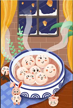 手绘卡通元宵节兔年插画