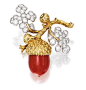 18 KARAT GOLD, PLATINUM, CORAL AND DIAMOND BROOCH, TIFFANY & CO.: 