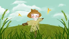 手绘二十四节气小满麦田稻草人