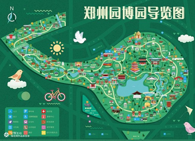 清新又清晰的郑州园博园手绘导览图，包含2...