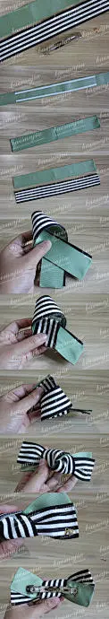 简单大方的蝴蝶结 材料：2.5CM的条纹带40CM，2.5的罗纹带40CM，一个小蝴蝶结，一个发夹。 做法： 1、丝带用双面胶对折粘牢。 2、两个丝带重叠打结，如图。 3、然后粘上发夹，粘的时候要注意，把两个丝带分开来，中间上点粘固定。
 &lt;br /&gt;4、然后粘一个小蝴蝶结，加上发夹，OK了。
 &lt;br /&gt;颜色自己搭配~~~