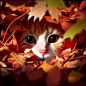 photograph of an orange tabby cat peeking out of a pile of raked autumn leaves, realistic fluffy adorable kitty face cinematic DSLR
