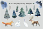 水彩手绘森林动物麋鹿狐狸兔子松树枝叶PNG免抠设计素材  (2)