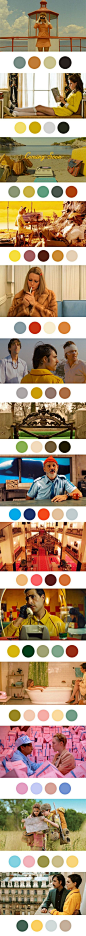 Wes Anderson - Paleta de colores utilizadas en sus películas. • Me gusta mucho la combinación de colores y tonos que utiliza; genera un ambiente muy cálido en las diferentes escenas.: 