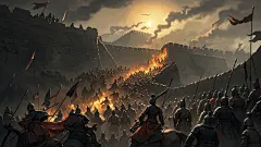 秦国古代攻城战，破损的城墙，远处还有战火，低饱和度，史诗般的构图，皮肤细节，全身像，超精细，真人写真，电影海报，高清画质 (1)