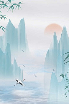 浅蓝色水墨风山水飞鹤竹子清明节展板背景