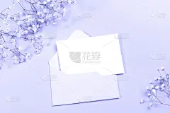 柔和的布局与信封，空白的纸，白色的石膏花在颜色的2022年非常佩里。