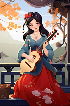 AI数字艺术弹古琴国风汉服女孩插画