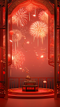 Chinese new year fireworks in the red background, in the style of trompe l'oeil compositions, daz3d, narrative paneling, mirror rooms, nature-inspired art nouveau, interior scenes, minimalist backgrounds