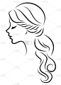 一个甜美女士头的轮廓剪影。女孩在中长发上展示女性发型。适合标识、广告。矢量插图.