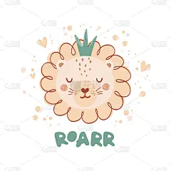 可爱的海报与狮子冠在平面风格的孩子。刻字Roarr。插图在柔和的颜色。印刷儿童服装和纺织品。向量
