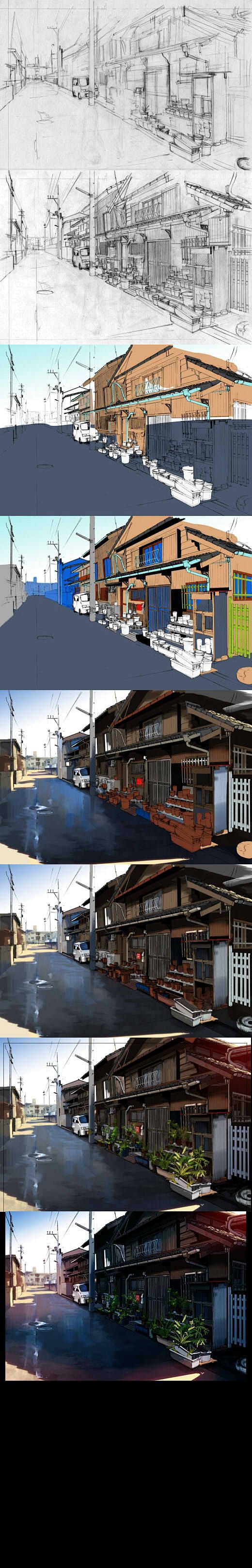 日本乡村场景绘制过程-FlyT漫画教程: