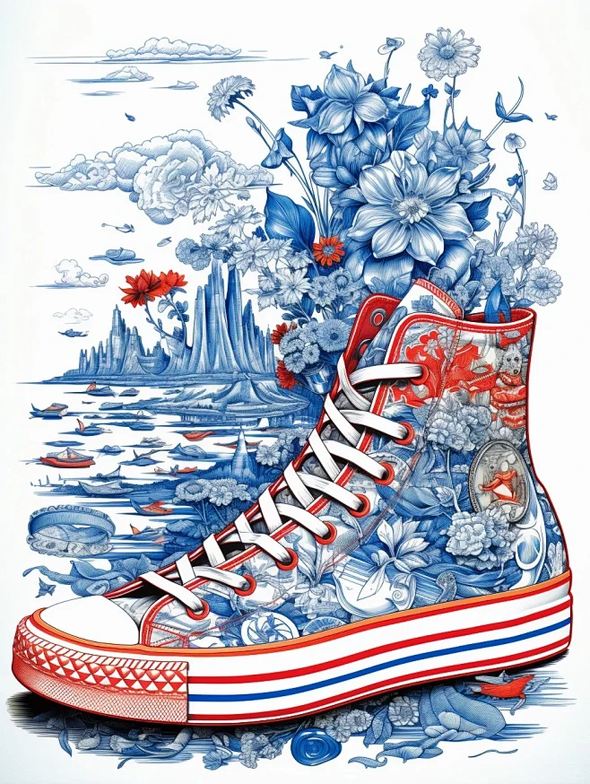 红蓝撞色帆布鞋插画，细节赞爆