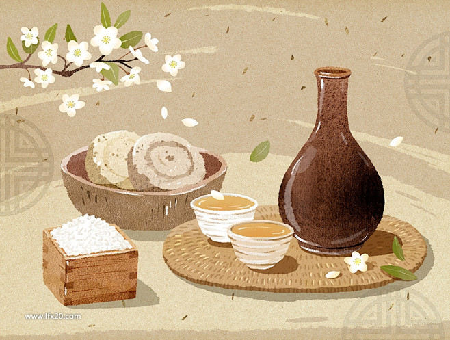 中式古典茶壶茶艺酒壶五谷粗粮鲜花插画海报