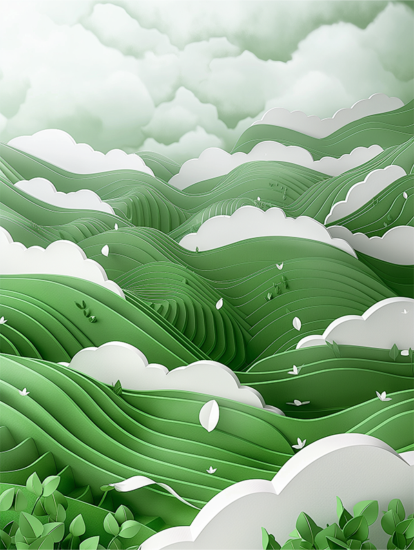 3D 景观，云雾环绕着茶山和茶园