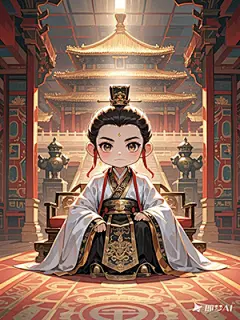古代秦朝，Q版秦始皇，皇帝，二次元风格，GC插画，国风