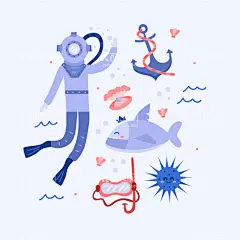 海洋元素  - 源文件下载【酷图网】海洋元素,海洋相关,大海元素,海盗,美人鱼,海洋生物,海洋卡通元素,水彩手绘,海洋贴图,