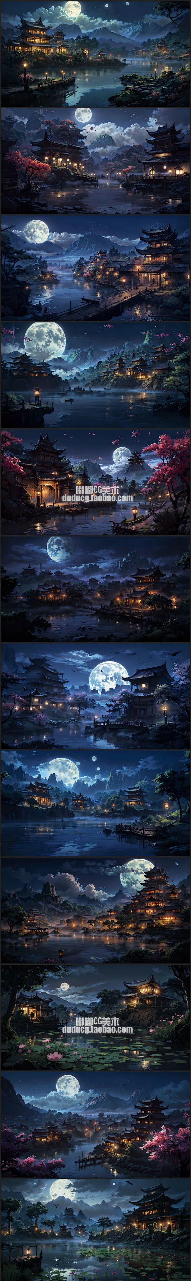 460 古风建筑素材AI背景临摹图庭院夜景插画设计影视游戏场景素材-淘宝网-花瓣网