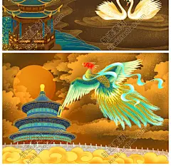国潮风古典城市建筑铜锈国画山水手绘插画仙鹤烫金ps设计素材海报-淘宝网