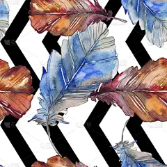 鸟羽毛从被隔绝的翼。水彩背景插图集。水彩画时尚水族馆隔离。无缝的背景模式。织物壁纸打印纹理.