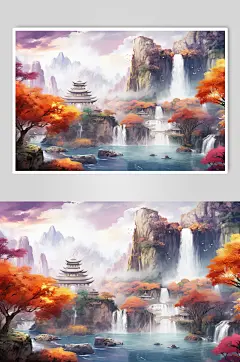 AI数字艺术水墨风秋天秋季自然风景插画