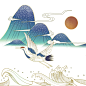 【源文件可下载】国潮风仙鹤山水中国风传统古典手绘中式插画元素高清png设计素材