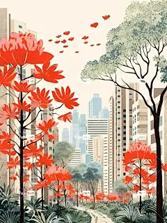 平面插图深圳市木棉树上开满了红花水彩画海报