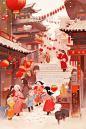 潮国创意逛集市热闹手绘插画新年春节年货节逛街拜年中国风国潮