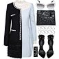 A fashion look from March 2014 featuring blue lace dress, black wool coat and black high heel shoes. Browse and shop related looks.