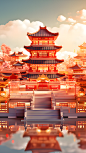 通用电商促销3D立体C4D中国风中式建筑场景图片素材2
