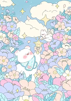 治愈系场景插画：可爱动物和美丽花花系列