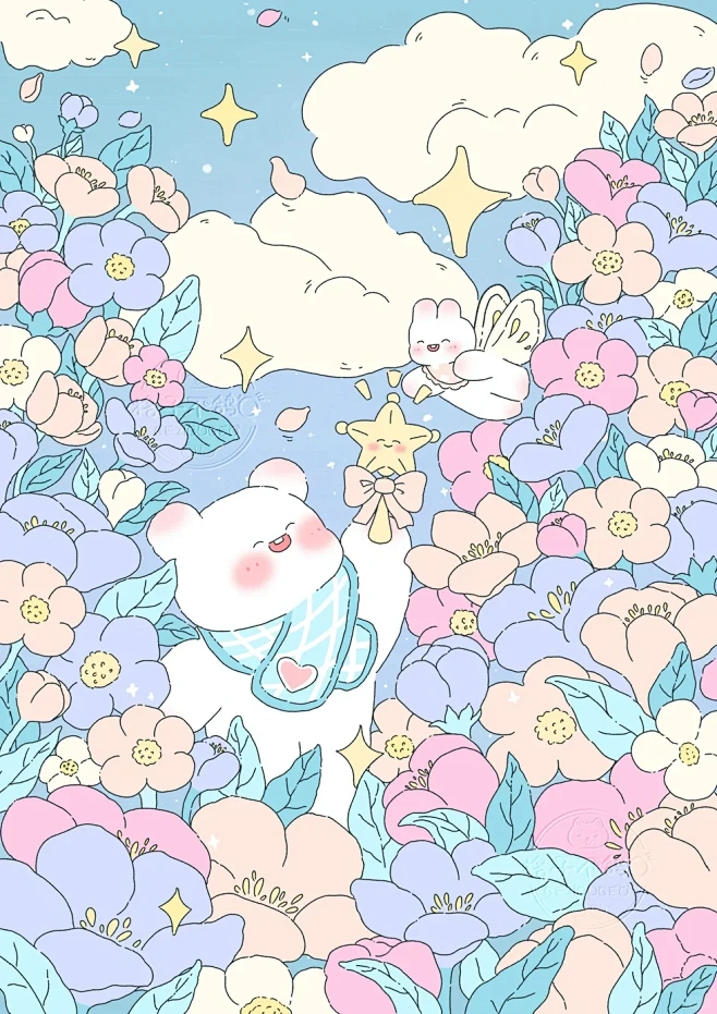 治愈系场景插画：可爱动物和美丽花花系列-花瓣网