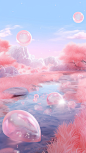 a pink coloured landscape, pink grass with some pink liquid bubbles, in the style of fairytale-inspired, sketchfab, light silver and light azure, digitally enhanced, uhd image, anime aesthetic, whimsical wilderness