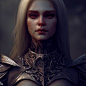 masterpiece, best quality, photorealistic, detailed shiny skin, flawless, 8k, RAW, highres, industrial, dusk,  1girl, upper body, face focus, looking away, elven metal armor, highly detailed chocker with ornament,