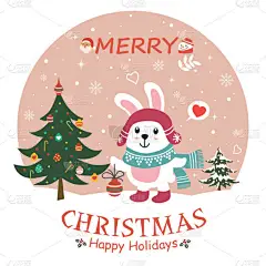 复古圣诞海报设计与矢量兔, 圣诞老人, 雪人字符.