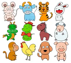 十二生肖手绘图  - 源文件下载【酷图网】鼠,牛,虎,兔,龙,蛇,马,羊,猴,鸡,狗,猪,十二生肖,手绘,生肖卡通,生肖行简笔画,