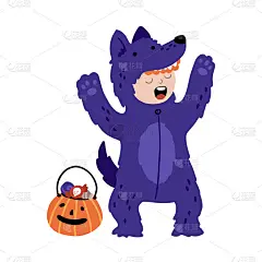 万圣节有趣的紫狼狼人带着一桶糖果。孩子化妆舞会。可爱幼稚的魔术人物插画与卡通手绘风格的元素。矢量孤立