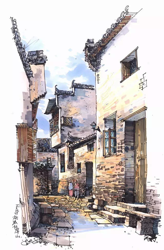 手绘写生徽州古建筑