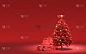 地面上的礼盒和单一的圣诞树单色纯红色在红色背景与复制空间，3d渲染