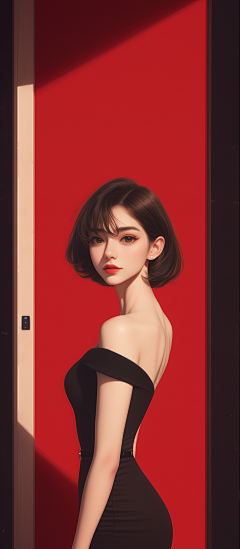 手机壁纸 短发大眼美女手绘 红色背景