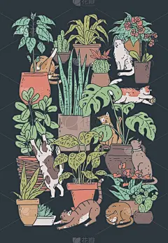 海报与猫和室内植物。室内花园盆栽和可爱的宠物在黑色背景。设计横幅与矢量轮廓涂鸦插图。