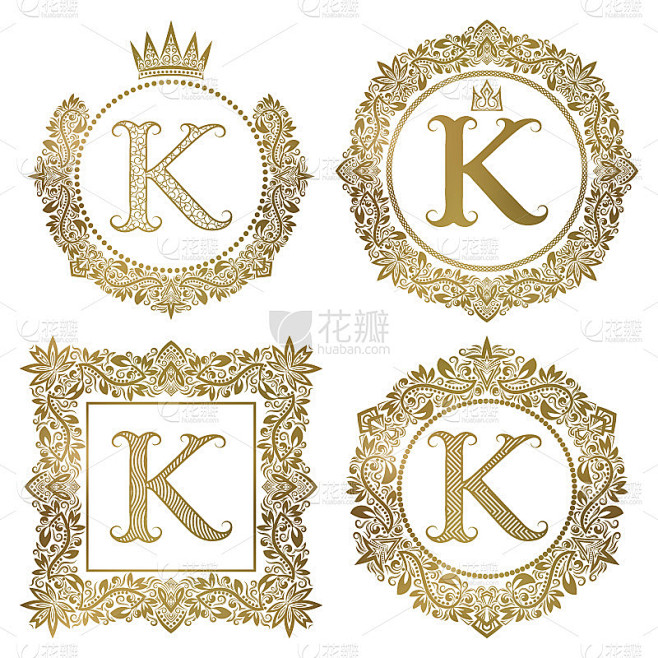黄金字母K复古组合。纹章的纹章