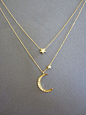 Star and Crescent Moon Necklace, Layered Necklace, Gold Moon star necklace, I love you to the moon and back, layer necklace dainty@北坤人素材