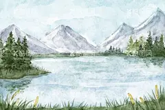 水彩雪山天池风景  - 源文件下载【酷图网】手绘,水彩绘,雪山,天池,湖泊,风景,