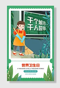 节日世界卫生日医疗健康安全打扫绿色公益广告海报
